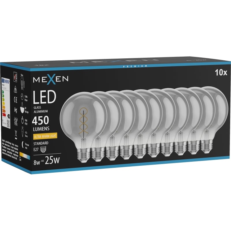 Mexen Vintis 10x LED Filament Glühbirne Spirale E27, G95, 8W, Warm - 2200K, 450 lm, Rauch - L167-E27-0822-70x10