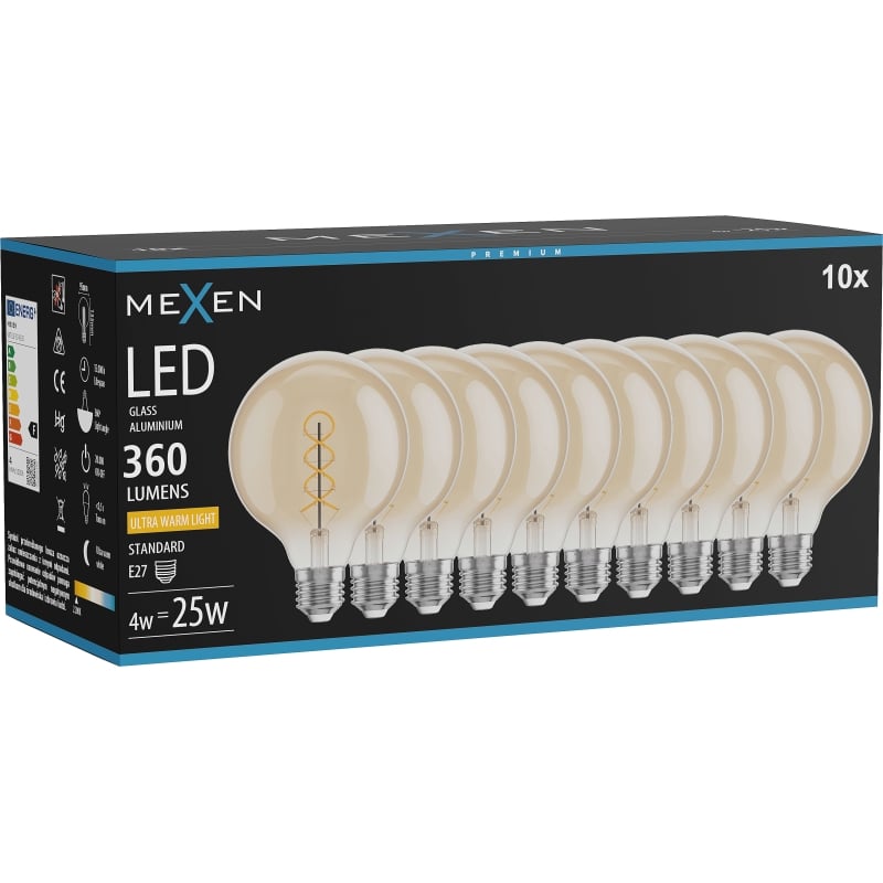 Mexen Vintis 10x LED-Filament-Glühbirne Spirale E27, G95, 4W, Warm - 2200K, 360 lm, bernsteinfarben - L167-E27-0422-50x10