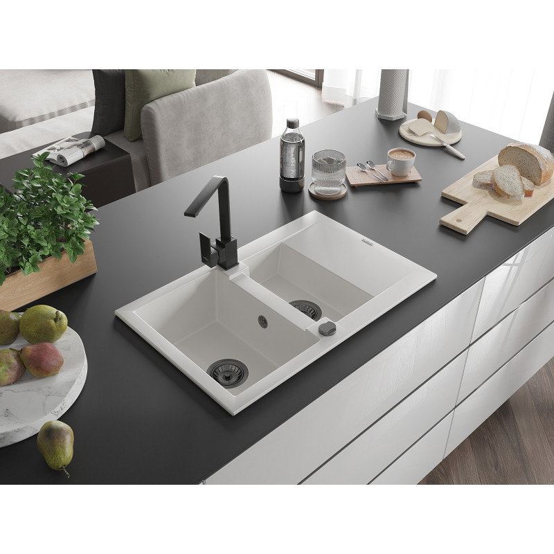 Mexen Gaspar 1,5-Kammer-Graniteinbauspüle mit Ablage und Küchenarmatur Rita, weiß - 6507-20-670300-70