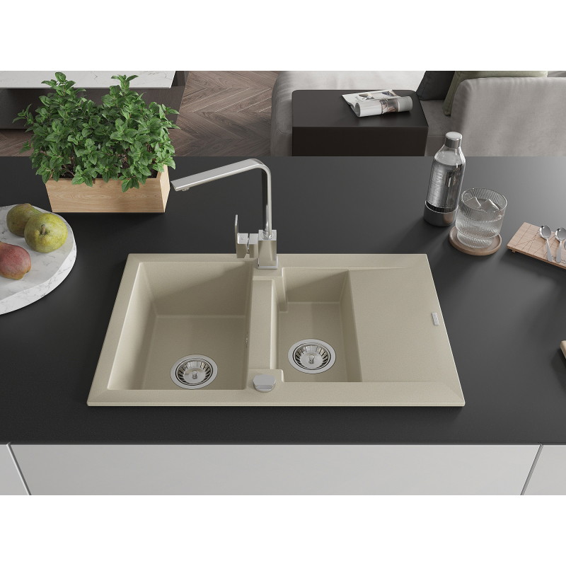 Mexen Gaspar granitspüle 1,5-beckig mit abtropffläche und kuchenmixer Rita, beige - 6507-69-670300-00
