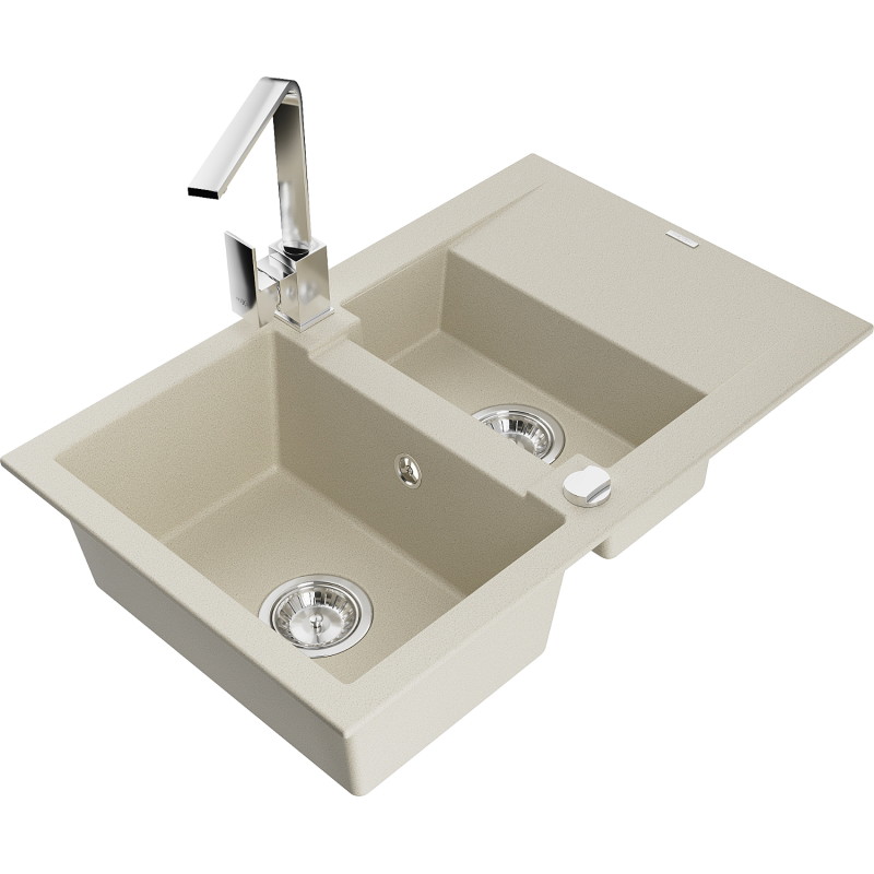 Mexen Gaspar Granitspüle 1,5-kammerig mit Abtropffläche und Küchenarmatur Rita, beige - 6507-69-670300-00