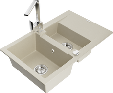 Mexen Gaspar Granitspüle 1,5-Becken mit Abtropffläche und Küchenarmatur Rita, beige - 6507-69-670300-00