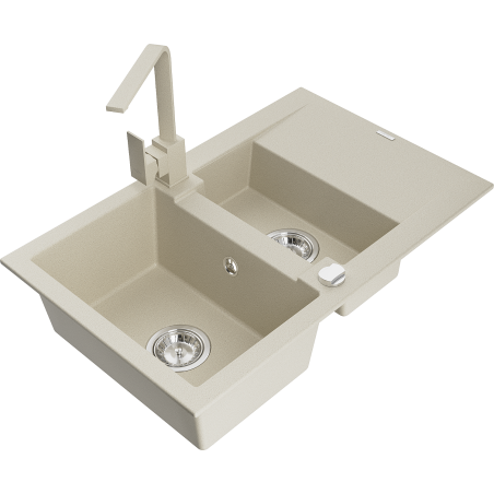 Mexen Gaspar Granitspüle 1,5-beckig mit Abtropffläche und Küchenarmatur Rita, Beige - 6507-69-670300-69
