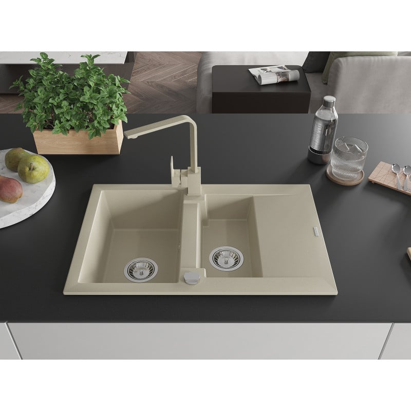 Mexen Gaspar Granitspüle 1,5-beckig mit Abtropffläche und Küchenarmatur Rita, Beige - 6507-69-670300-69