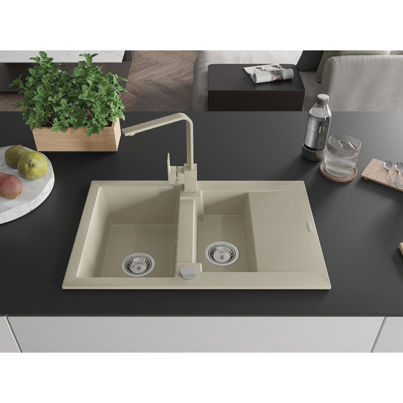 Mexen Gaspar granitspüle 1,5-fach mit abtropffläche und küchenarmatur Rita, beige - 6507-69-670300-69
