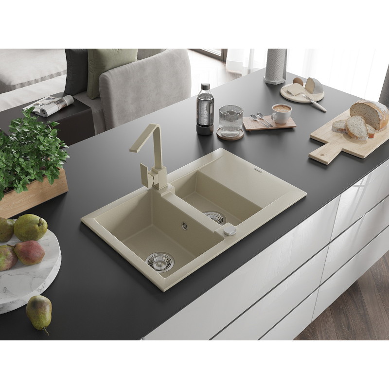 Mexen Gaspar granitspüle 1,5-fach mit abtropffläche und küchenarmatur Rita, beige - 6507-69-670300-69