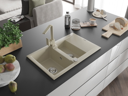 Mexen Gaspar 1,5-Becken Granitspüle mit Abtropffläche und Küchenarmatur Rita, beige - 6507-69-670300-69