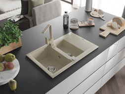 Mexen Gaspar Granitspüle 1,5-beckig mit Abtropffläche und Küchenarmatur Rita, Beige - 6507-69-670300-69