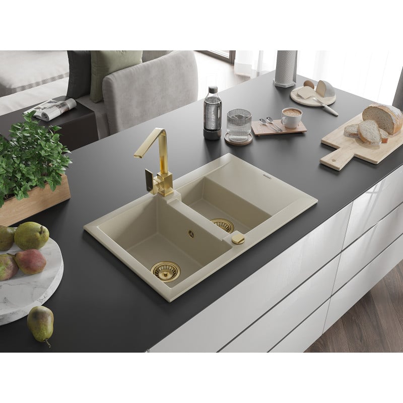 Mexen Gaspar Granitspüle 1,5-Becken mit Abtropffläche und Küchenarmatur Rita, beige - 6507-69-670300-50