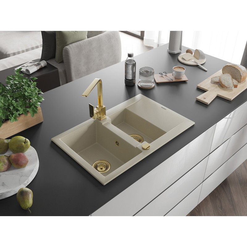 Mexen Gaspar Granitspüle 1,5-Kammer mit Abtropffläche und Küchenarmatur Rita, beige - 6507-69-670300-50