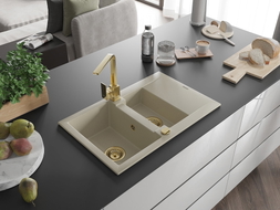 Mexen Gaspar Granitspüle 1,5-Becken mit Abtropffläche und Küchenarmatur Rita, beige - 6507-69-670300-50