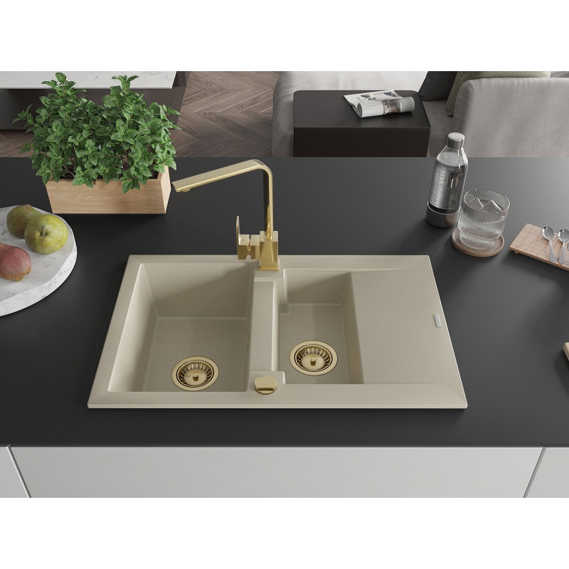 Mexen Gaspar Granitspüle 1,5-Kammer mit Abtropffläche und Küchenarmatur Rita, beige - 6507-69-670300-50