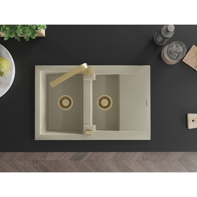 Mexen Gaspar Granitspüle 1,5-Becken mit Abtropffläche und Küchenarmatur Rita, beige - 6507-69-670300-50
