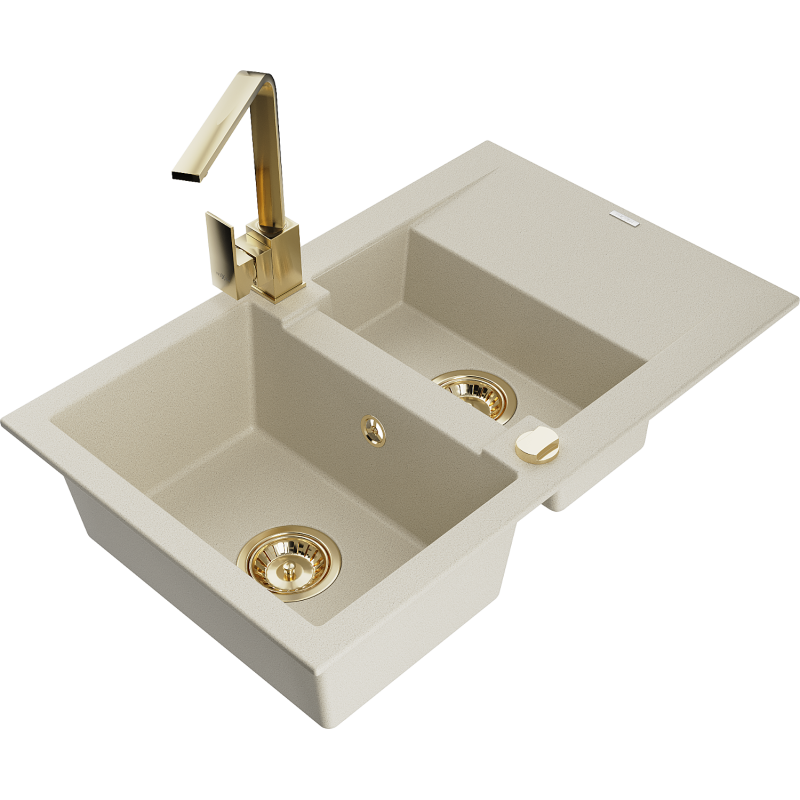 Mexen Gaspar Granitspüle 1,5-Becken mit Abtropffläche und Küchenarmatur Rita, beige - 6507-69-670300-50