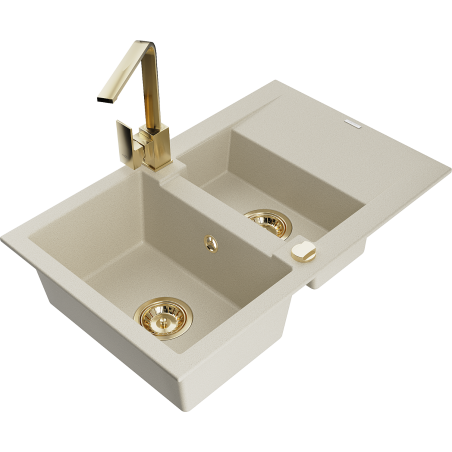 Mexen Gaspar Granitspüle 1,5-Becken mit Abtropffläche und Küchenarmatur Rita, beige - 6507-69-670300-50