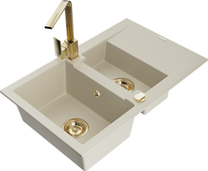 Mexen Gaspar Granitspüle 1,5-Becken mit Abtropffläche und Küchenarmatur Rita, beige - 6507-69-670300-50