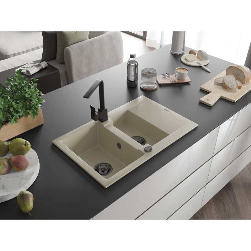 Mexen Gaspar Granitspüle 1,5-Becken mit Abtropffläche und Küchenarmatur Rita, beige - 6507-69-670300-70