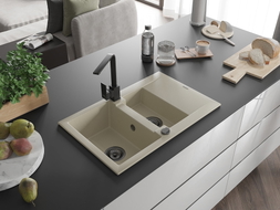 Mexen Gaspar Granitspüle 1,5-Becken mit Abtropffläche und Küchenarmatur Rita, beige - 6507-69-670300-70