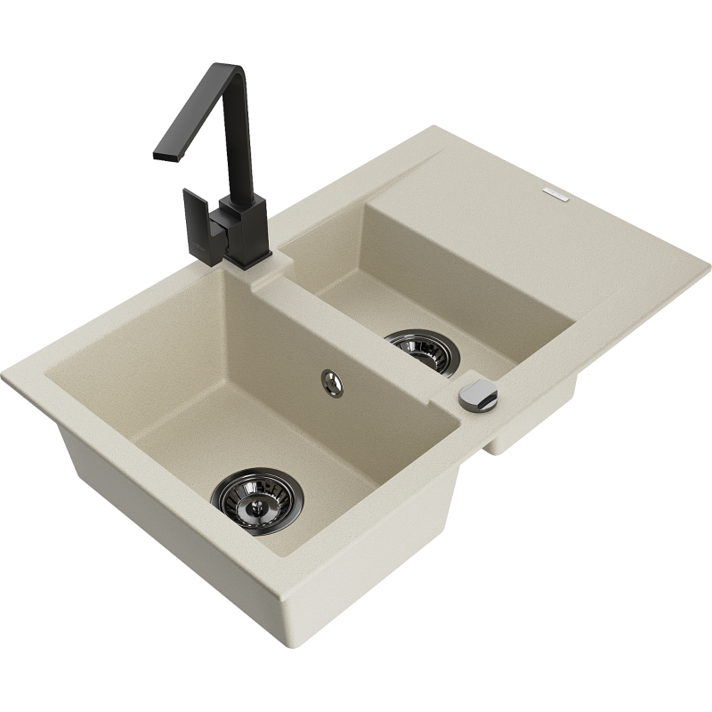 Mexen Gaspar Granitspüle 1,5-Becken mit Abtropffläche und Küchenarmatur Rita, beige - 6507-69-670300-70