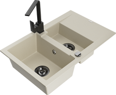 Mexen Gaspar Granitspüle 1,5-Becken mit Abtropffläche und Küchenarmatur Rita, beige - 6507-69-670300-70