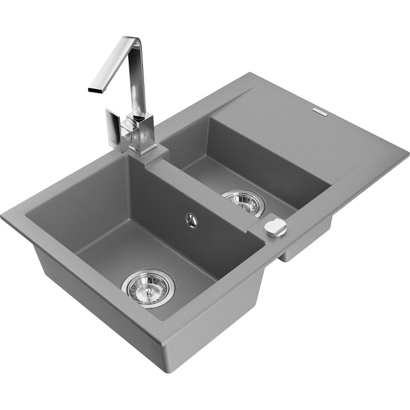 Mexen Gaspar Granitspüle 1,5-Becken mit Abtropffläche und Küchenarmatur Rita, grau - 6507-71-670300-00