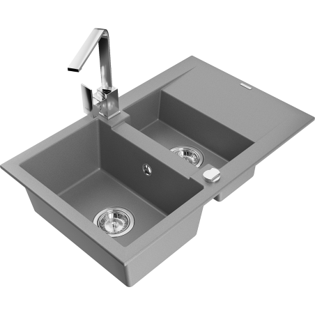 Mexen Gaspar Granitspüle 1,5-Becken mit Abtropffläche und Küchenarmatur Rita, grau - 6507-71-670300-00