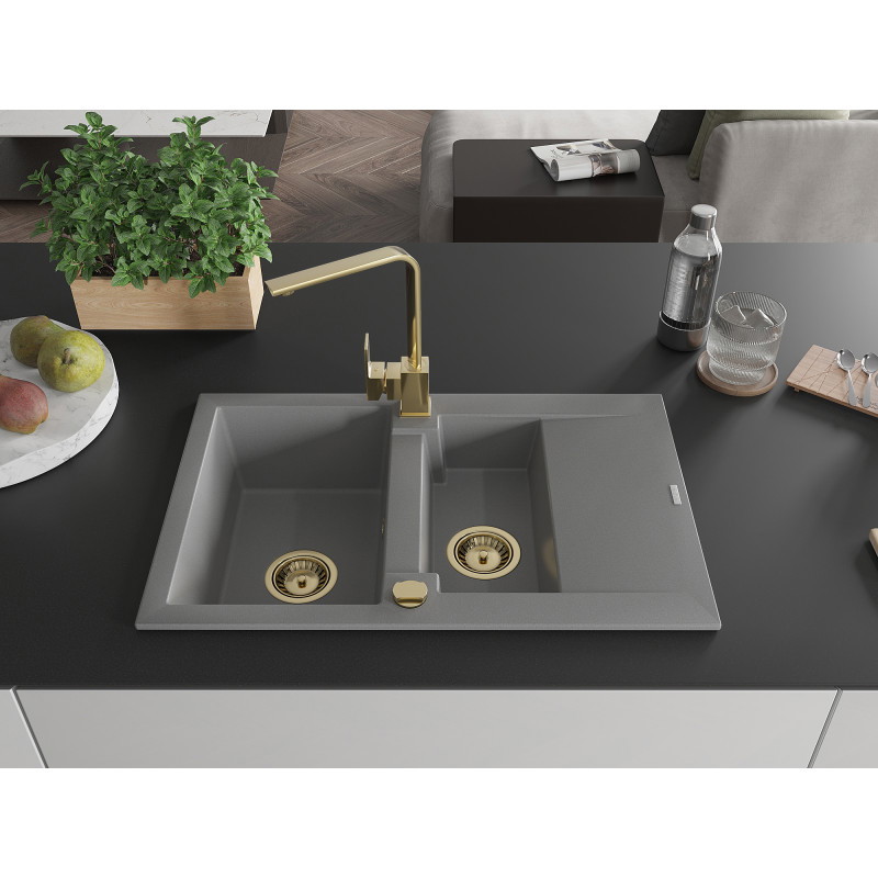 Mexen Gaspar Granitspüle 1,5-Becken mit Abtropffläche und Küchenarmatur Rita, grau - 6507-71-670300-50