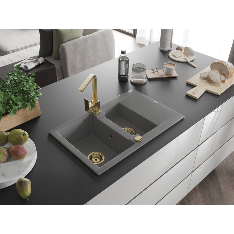 Mexen Gaspar Granitspüle 1,5-Becken mit Abtropffläche und Küchenarmatur Rita, grau - 6507-71-670300-50