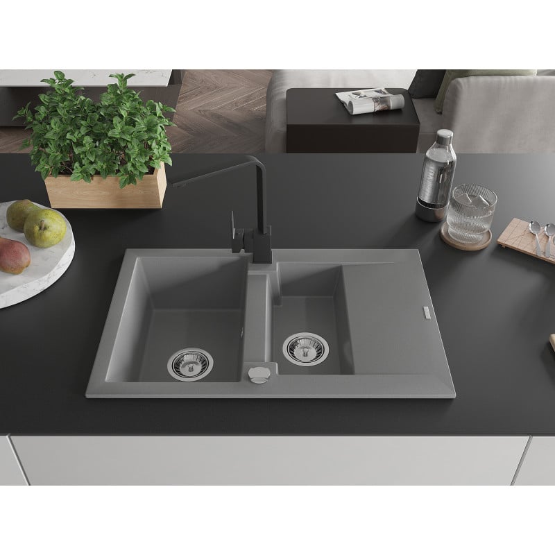 Mexen Gaspar Granitspüle 1,5-Becken mit Abtropffläche und Küchenarmatur Rita, grau - 6507-71-670300-70