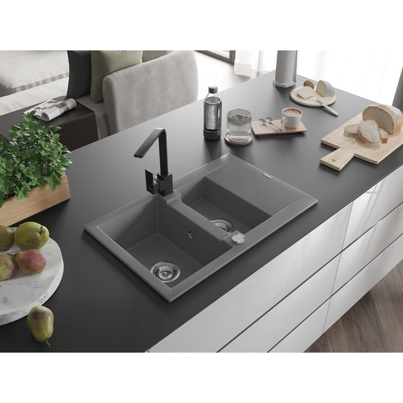 Mexen Gaspar Granitspüle 1,5-Becken mit Abtropffläche und Küchenarmatur Rita, grau - 6507-71-670300-70