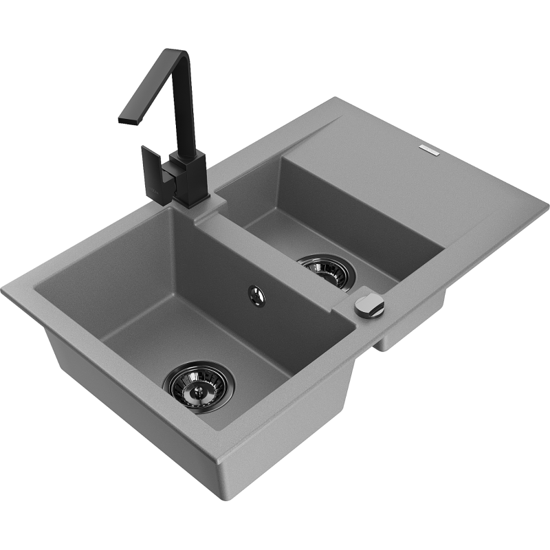 Mexen Gaspar Granitspüle, 1,5-Becken mit Abtropffläche und Küchenarmatur Rita, grau - 6507-71-670300-70-B
