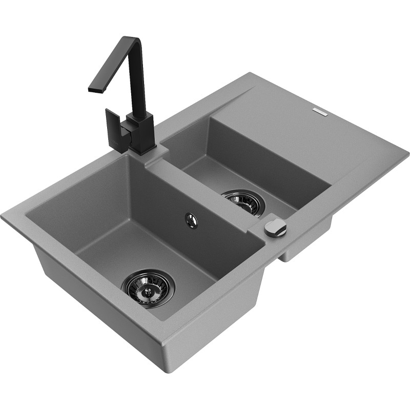 Mexen Gaspar Granitspüle 1,5-fach mit Abtropffläche und Küchenarmatur Rita, grau - 6507-71-670300-70-B