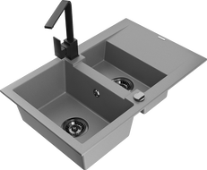 Mexen Gaspar Granitspüle, 1,5-Becken mit Abtropffläche und Küchenarmatur Rita, grau - 6507-71-670300-70-B