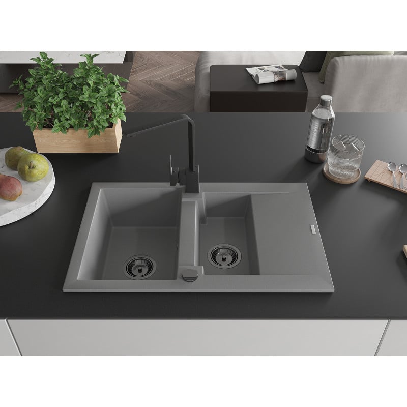 Mexen Gaspar Granitspüle, 1,5-Becken mit Abtropffläche und Küchenarmatur Rita, grau - 6507-71-670300-70-B