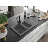 Mexen Gaspar Granitspüle, 1,5-Becken mit Abtropffläche und Küchenarmatur Rita, grau - 6507-71-670300-70-B