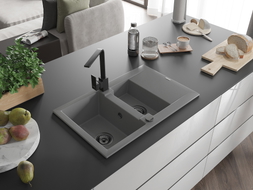 Mexen Gaspar Granitspüle, 1,5-Becken mit Abtropffläche und Küchenarmatur Rita, grau - 6507-71-670300-70-B