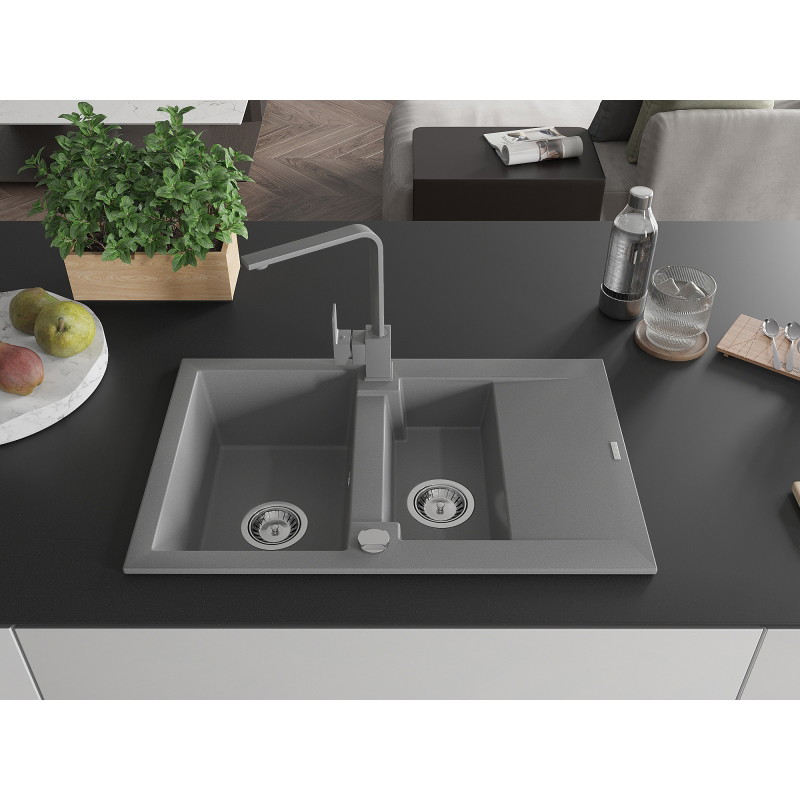 Mexen Gaspar Granitspüle 1,5-Becken mit Abtropffläche und Küchenarmatur Rita, grau - 6507-71-670300-71
