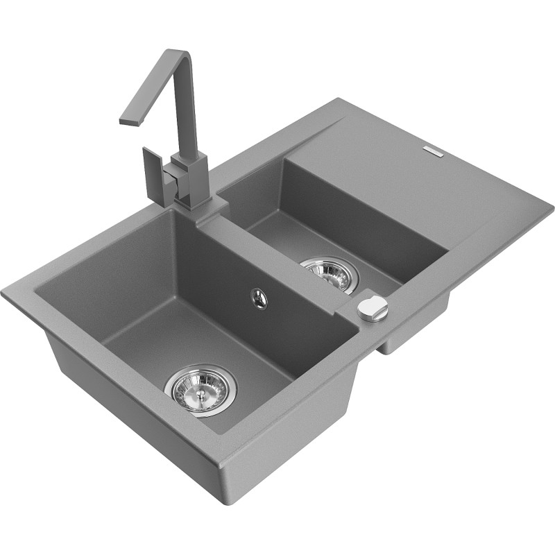 Mexen Gaspar Granitspüle 1,5-Becken mit Abtropffläche und Küchenarmatur Rita, grau - 6507-71-670300-71