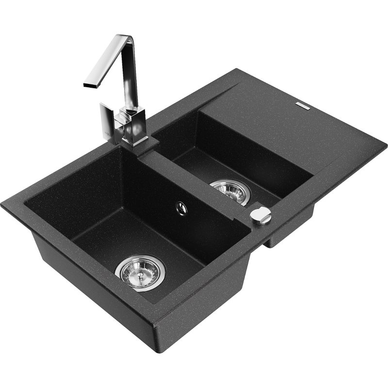 Mexen Gaspar Granitspüle 1,5-beckig mit Abtropffläche und Küchenarmatur Rita, schwarz/silber Metallic - 6507-73-670300-00