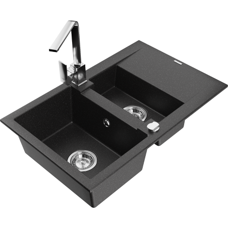 Mexen Gaspar Granitspüle 1,5-beckig mit Abtropffläche und Küchenarmatur Rita, schwarz/silber Metallic - 6507-73-670300-00