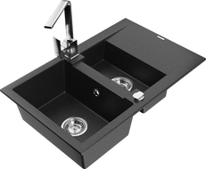 Mexen Gaspar Granitspüle 1,5-beckig mit Abtropffläche und Küchenarmatur Rita, schwarz/silber Metallic - 6507-73-670300-00