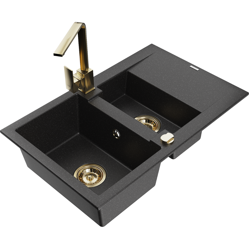 Mexen Gaspar Granitspüle 1,5-Becken mit Abtropfbereich und Küchenarmatur Rita, Schwarz/Silber Metallic - 6507-73-670300-50
