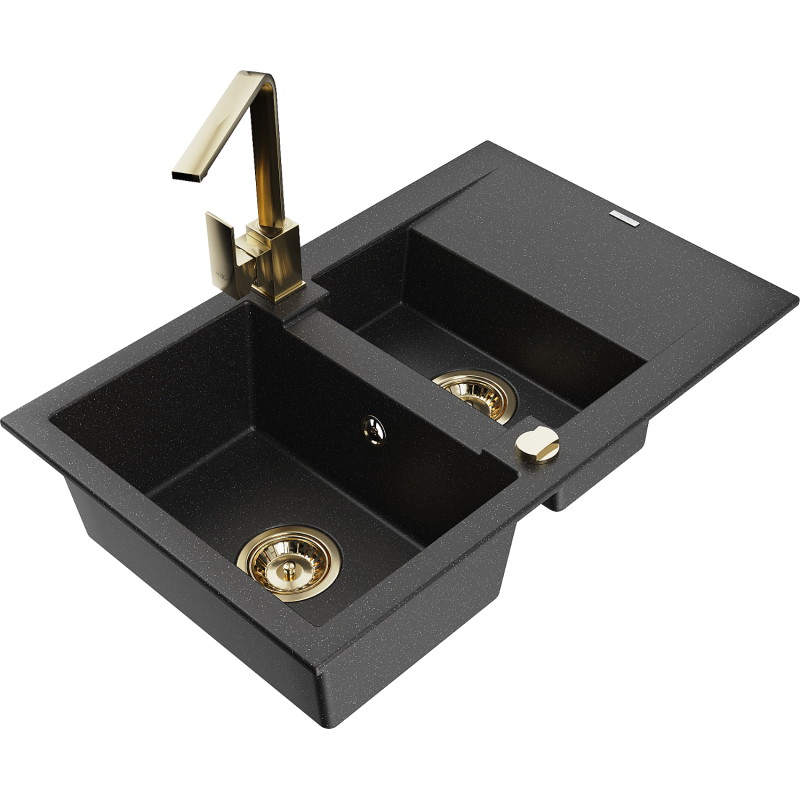 Mexen Gaspar Granitspüle 1,5-komorig mit Abtropffläche und Küchenarmatur Rita, schwarz/silber metallic - 6507-73-670300-50