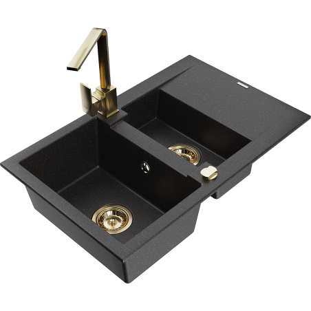 Mexen Gaspar Granitspüle 1,5-Becken mit Abtropfbereich und Küchenarmatur Rita, Schwarz/Silber Metallic - 6507-73-670300-50