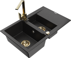 Mexen Gaspar Granitspüle 1,5-Becken mit Abtropfbereich und Küchenarmatur Rita, Schwarz/Silber Metallic - 6507-73-670300-50
