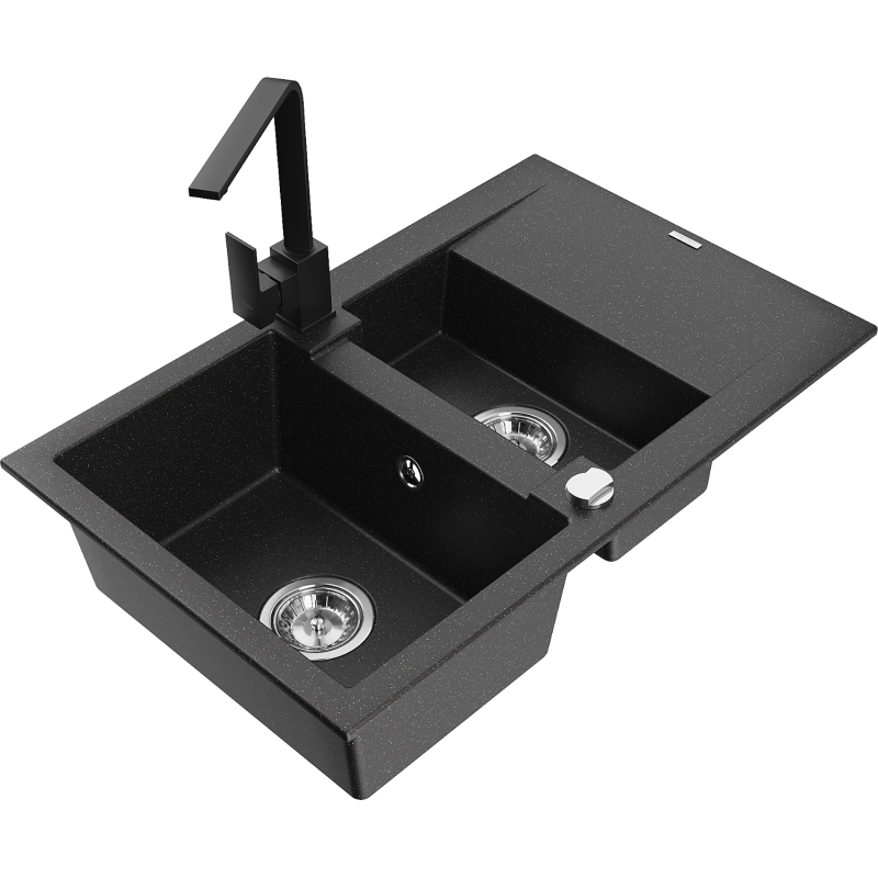 Mexen Gaspar Granitspüle 1,5-Kammer mit Abtropffläche und Küchenarmatur Rita, schwarz/silber metallic - 6507-73-670300-70