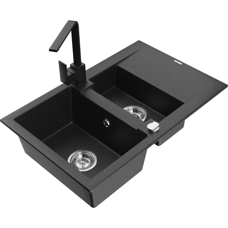 Mexen Gaspar Granitspüle 1,5-beckig mit Abtropffläche und Küchenarmatur Rita, schwarz/silber metallic - 6507-73-670300-70