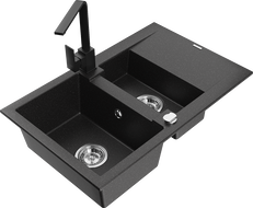 Mexen Gaspar Granitspüle 1,5-Kammer mit Abtropffläche und Küchenarmatur Rita, schwarz/silber metallic - 6507-73-670300-70