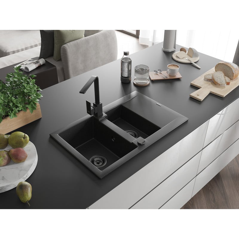 Mexen Gaspar Granitspüle 1,5-fach mit Abtropffläche und Küchenarmatur Rita, schwarz/silber - 6507-73-670300-70-B