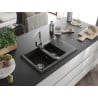 Mexen Gaspar Granitspüle 1,5-Becken mit Abtropffläche und Küchenarmatur Rita, schwarz/gold - 6507-75-670300-00